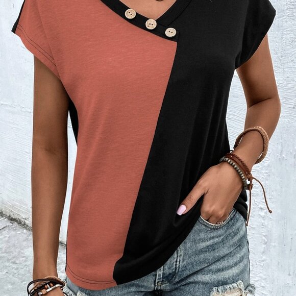 Color Block Relaxed Cap Sleeve Button Detail SHEIN sx 12 / XL Dreimp - Picture 1 of 5